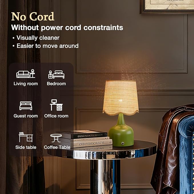 Cordless Boho Table Lamp Green, Scalloped Wicker Shade, 5200-mAh Rechargeable Battery, 3-Way Dimmable, Build-in Integrated LED 320 Lumen Max, for Bedside Living Room