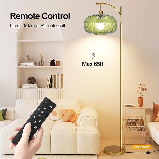 Green Floor Lamp for Living Room,Bedroom,Gold Dimmable Standing Lamp with Remote,Mid Century Modern Brass Tall Lamp Boho Floor Lamps Arc Stained Glass Floor Light Lamp Girls Bohemian