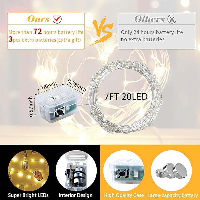 12 Pack Fairy Lights 7Ft 20 LED Twinkle String Lights 3 Modes Battery Operated Waterproof Firefly Starry for Mason Jar Party Wedding Christmas Valentines Day Table Centerpieces,Warm White + White