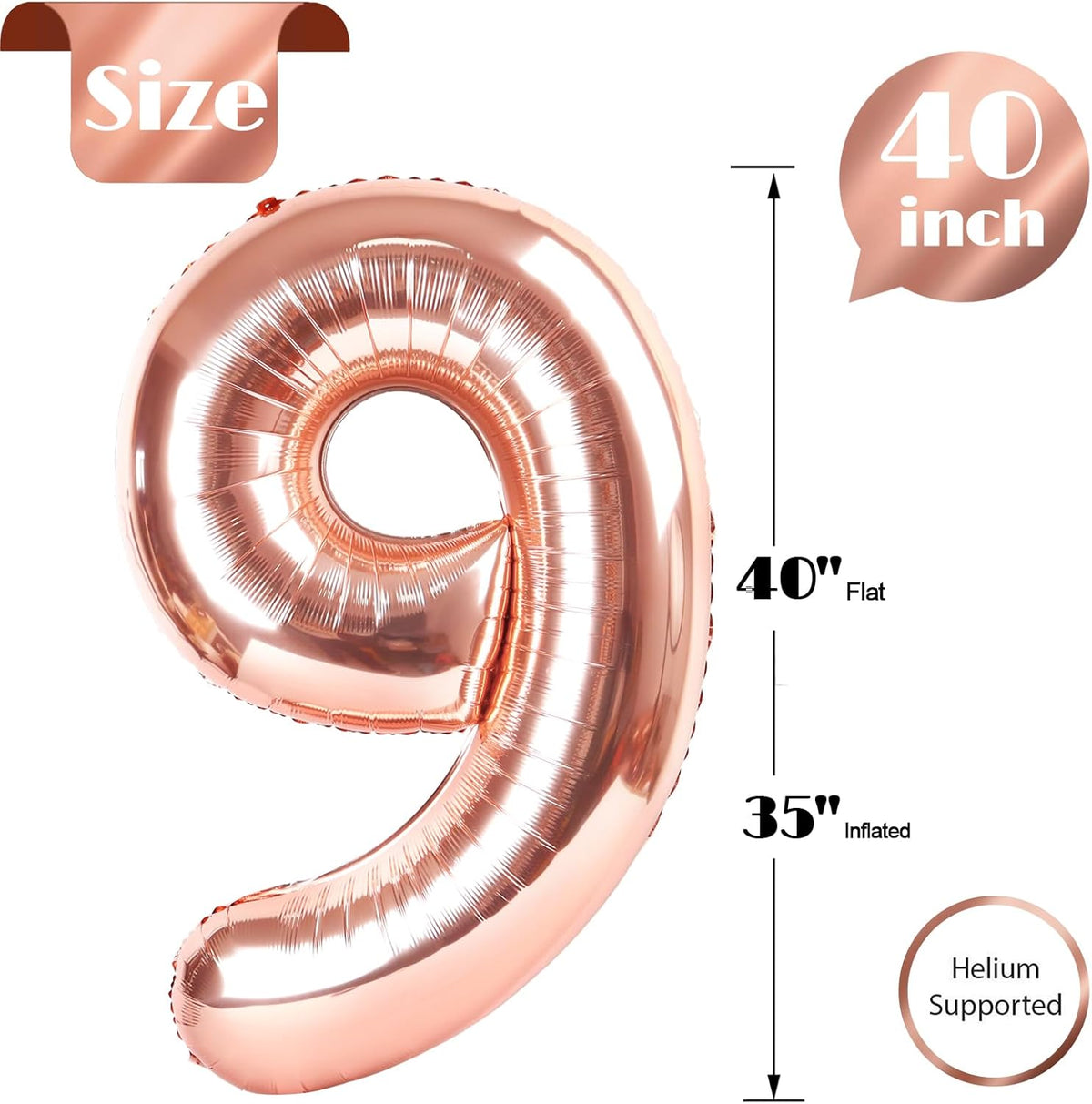 Rose Gold Number 9 Balloon - 40 Inch Giant Foil Balloon for 9th Birthday Party Decorations