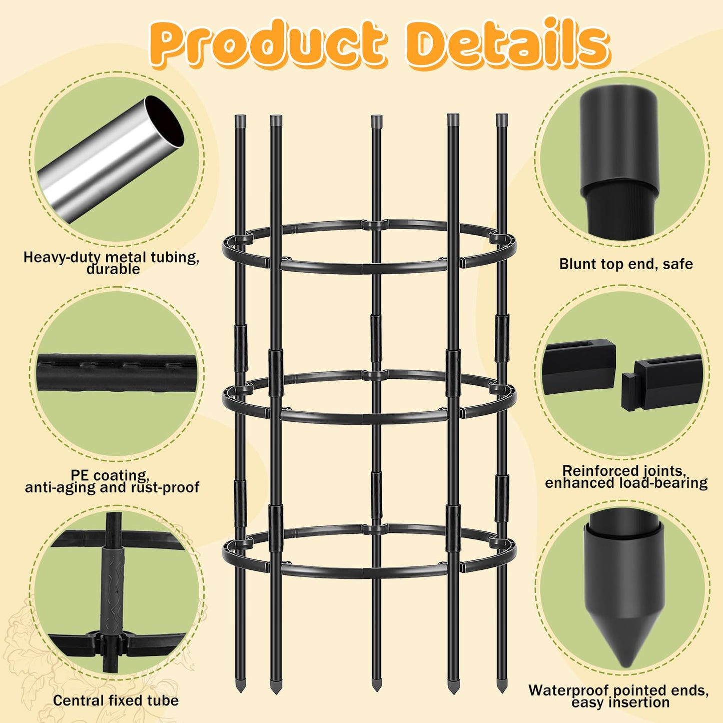 ComfyKit 19.5" D x 39" H Peony Plant Support Cage, 3 Tier Stackable Plant Support Ring, Metal Core with PVC Coated Stakes, Garden Plant Support for Peonies Tomatoes and Climbing Plants