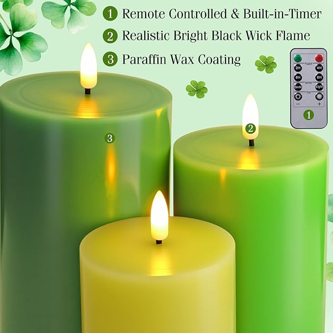 3 Pcs St Patrick s Day Flameless Candles Battery Operated Wax LED Flickering Flameless Pillar Candles with Remote for Home Table Wedding Holiday Party Decor