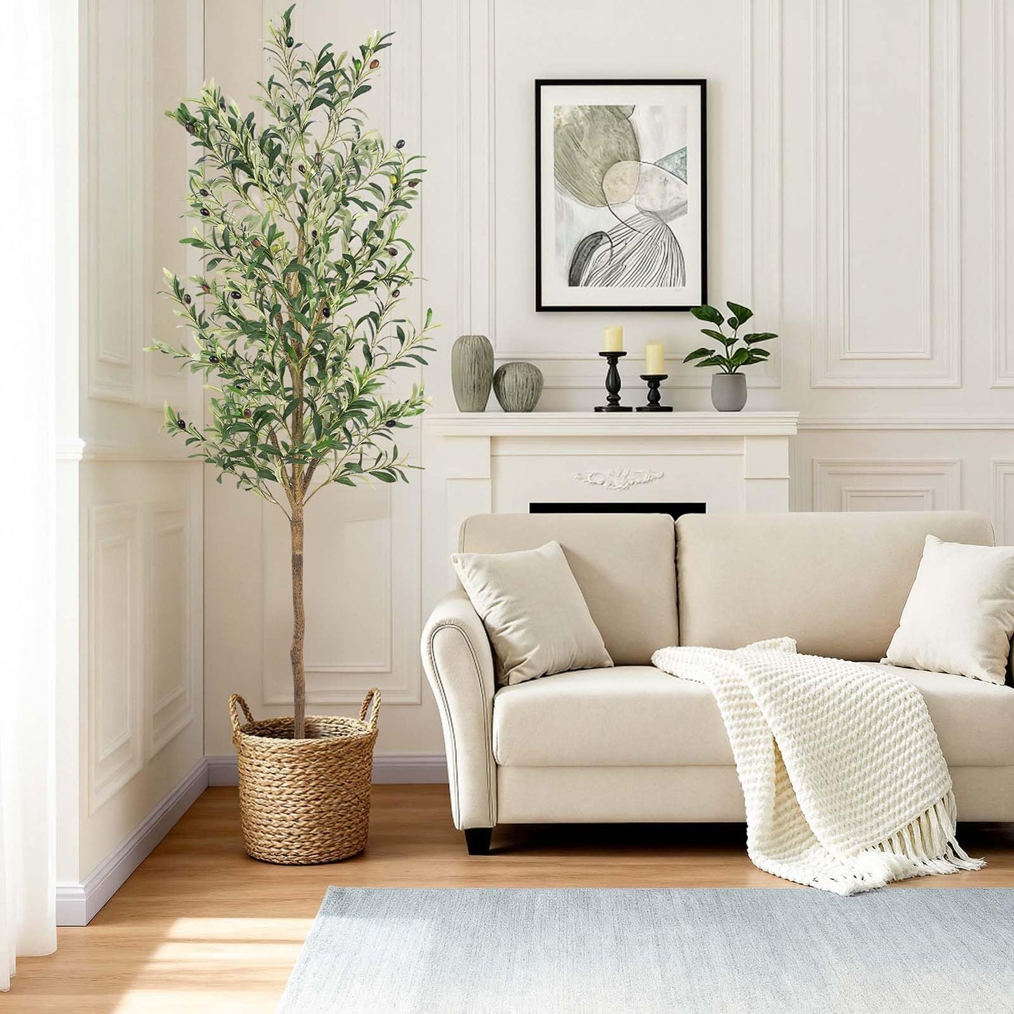 MCTYBB Artificial Fake Olive Tree 6FT Tall 1Pack Faux Silk Olive Tree for Home Living Room Office Decor Faux Artificial Plants Indoor Fake Potted Plants with Fruit & Free Moss