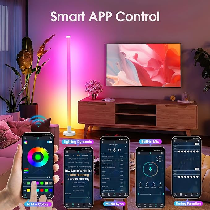 Corner Floor Lamp, RGB LED Corner Lamp with Smart App and Remote Control, 16 Million Colors & 200+ Scene, Music Sync, Color Changing Ambient Mood Lighting for Living Room, Bedroom, Gaming Room