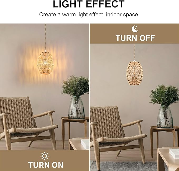 1-Light Rattan Pendant Light, Boho Chandelier Light Fixture, Small Wicker Light Fixture, Wicker Chandelier, for Bedroom Kitchen Island, ETL Listed
