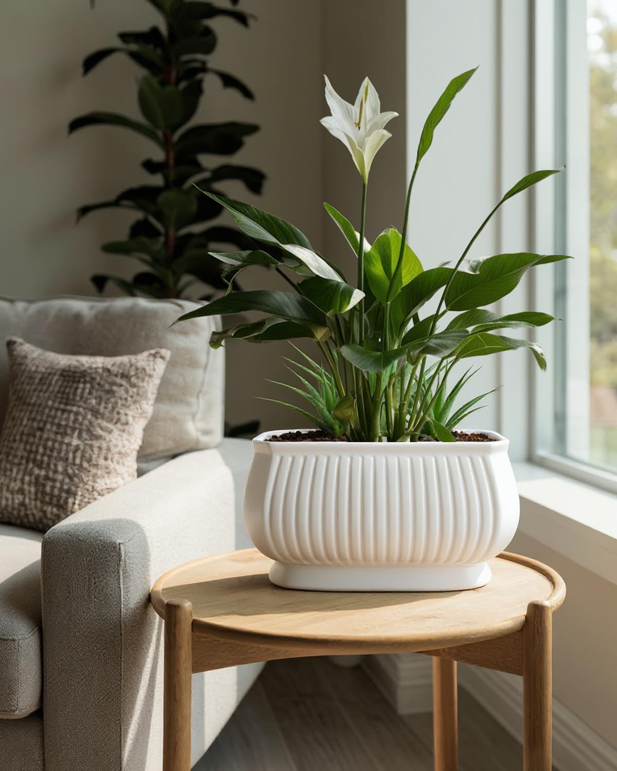 OXART Ceramic Plant pots Indoor Pots Set with Drainage Holes, 11.8+9 inch Flower Pot Rectangle Planters Pots for Plants for Plants Lilies, Cacti, Succulents, and Pothos, No Trays (White-2)