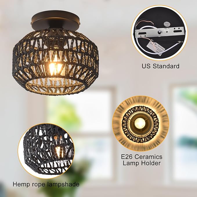 1 Pack Farmhouse Light Fixtures Ceiling Mount,Black Mini Rattan Boho Semi Flush Mount Ceiling Light,Hand Woven Hallway Light Fixtures for Bedroom Entryway