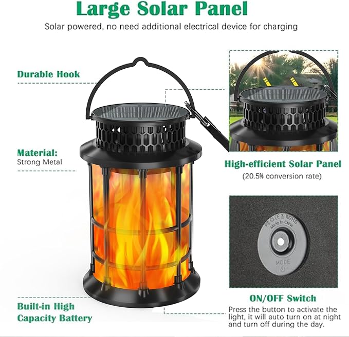 Solar Lanterns Outdoor Waterproof,Upgraded Flickering Flame Lights, Hanging Solar Lanterns Lights, Solar Powered Lights Decorative for Garden Yard Pathway, 1 Pack