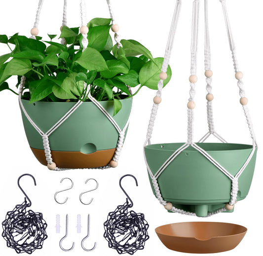 Set of 2-10 Inch Hanging Planters for Indoor Plants with Self-Watering Includes Hanging Pots for Plants, Outdoor Hanging Plant Pot with Drainage, and 2 Types of Baskets Hangers (Green, 10inch)