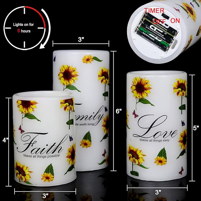 DRomance Sunflower Flameless Flickering Candles with 6H Timer, Set of 3 Battery Operated White Real Wax LED Pillar Candles Party Dinner Wedding Spring Decor(3 x 4,5,6 Inches)