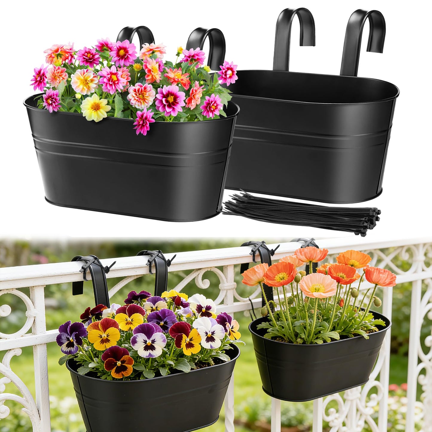 MADHOLLY Railing Planter with Drainage Holes - Sturdy Bucket Pots for Railing Fence, Countryside Style Metal Flower Pots for Herbs Balcony Garden Yard Decor, 2Pcs, Black
