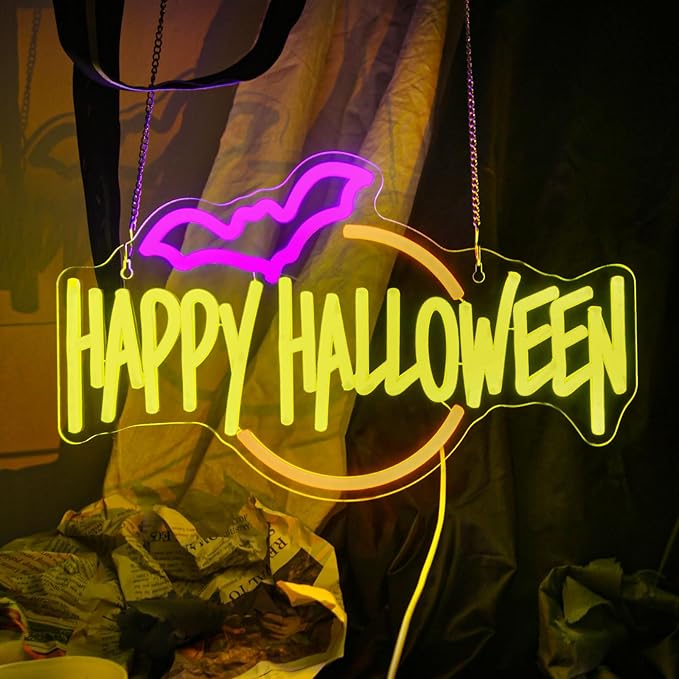 Happy Halloween Neon Sign Bat LED Light Up for Bedroom Home Bar Halloween Decor Trick or Treat Party Backdrop USB Powered
