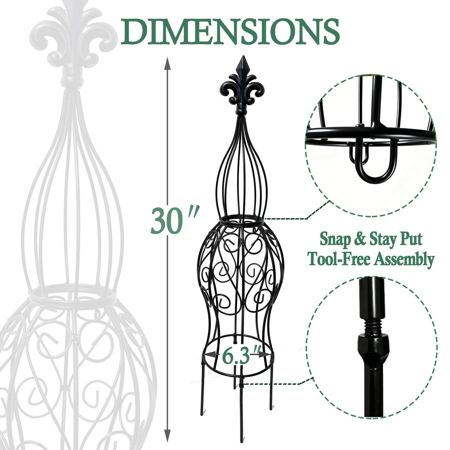 2-Pack Garden Obelisk Trellis for Climbing Roses & Flowering Vines, 30" Tall Iron Plant Support, Tool-Free Snap Assembly, Decorative Outdoor Accent for Patio Planters & Entryways