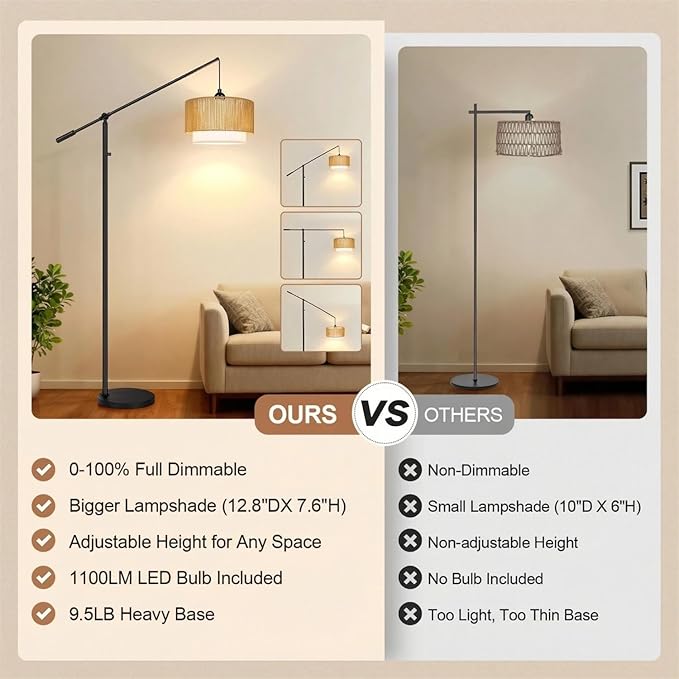 【Upgraded】Dimmable Boho Floor Lamp for Living Room, Modern Swing Arm Floor Lamp with Rattan & Fabric Shades, Black Rattan Standing Lamp with 11W Bulb, Farmhouse Adjustable Tall Lamp for Bedroom Office