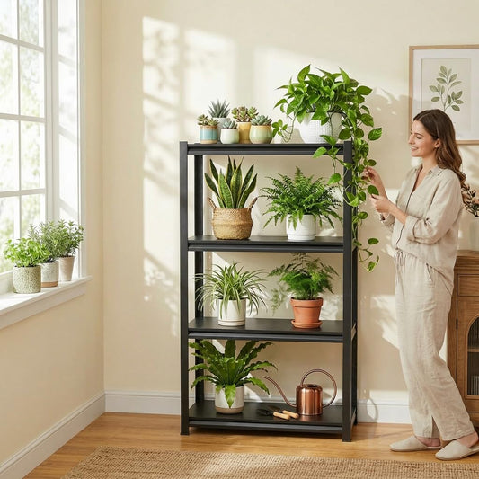 Bezuny 4 Tier Tall Metal Plant Stand Indoor Outdoor, Heavy Duty Corner Plant Shelf for Multiple Pots, Large Flower Pot Holder Rack for Living Room, Patio, Garden, Balcony, Black, 31.5" W