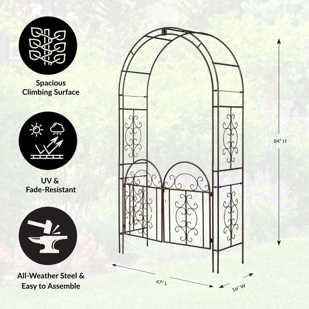 Plow & Hearth Arch Metal Outdoor Garden Arbor, 84 inches Tall, Iron Trellis Lattice for Climbing Plants, Wedding Arch, Outdoor Patio Décor (Montebello-Gunmetal with Gate)