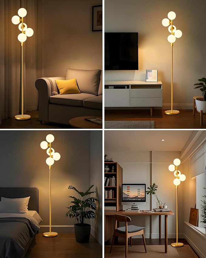 Lightdot Dimmable (Brightness Adjustable) Globe Floor Lamp, Gold Standing Lamps with 5PCS 3000K Bulbs Included, Mid Century Modern Floor Lamp for Living Room/Bedroom/Sofa Beside/Corner Decor