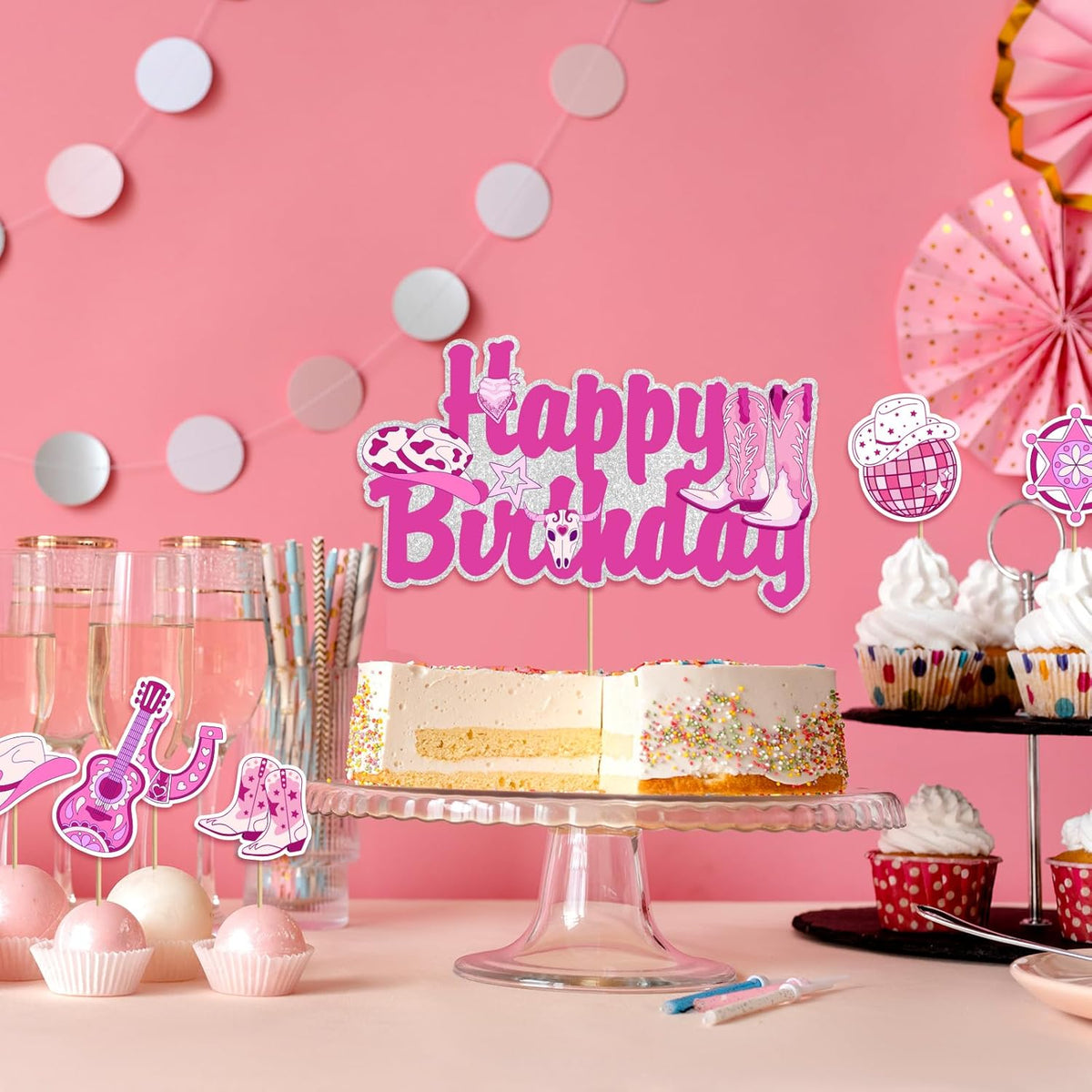 Skiennix Disco Cowgirl Cake Topper - Hot Pink Western Cowboy Design for Birthday Celebrations