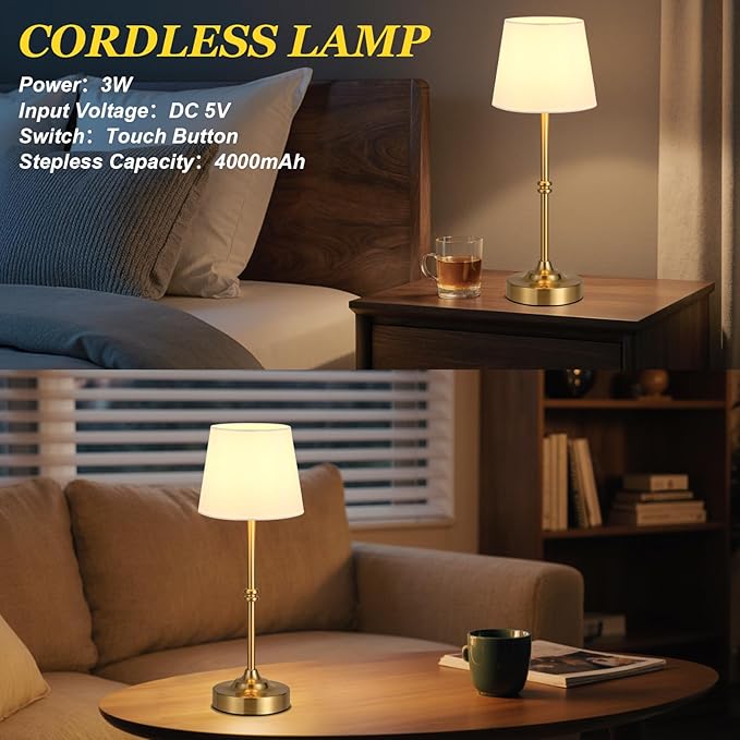Kakanuo Rechargeable Cordless Table Lamp Gold - 2 Pack Brass 4000mAh Battery Operated Lamp, Touch Control Stepless Dimming, for Home Decor, Dining Table, Living Room, Bedroom