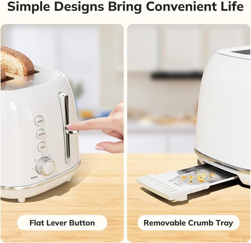 Keenstone 2-Slice Stainless Steel Toaster - Retro Design with 6 Browning Levels & Removable Crumb Tray | White