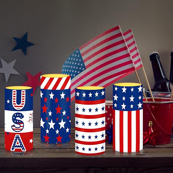 Tiamon American Flag LED Candles 4th of July Flameless Independence Day Battery Operated USA Stars Patriotic Candles with 18-Key Remote Timer Set for Holiday Festival Table Decorations