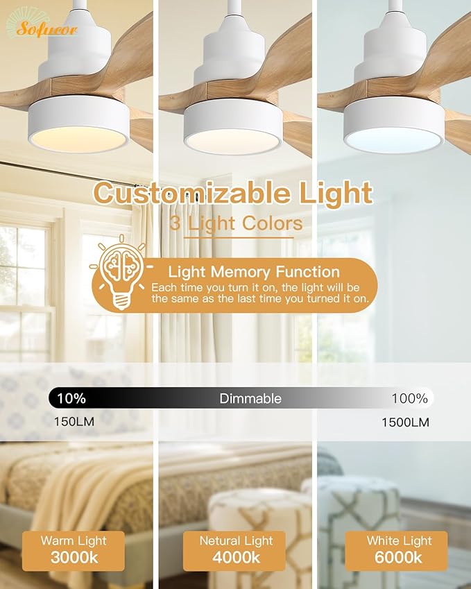 Sofucor 48 Inch Smart Ceiling Fans with Lights-Flush Mount & Downrod Mount Modern Outdoor Ceiling Fans with Alexa/Google Assistant/APP/Remote Control for Bedroom/Farmhouse/Patio, White & Natural Wood