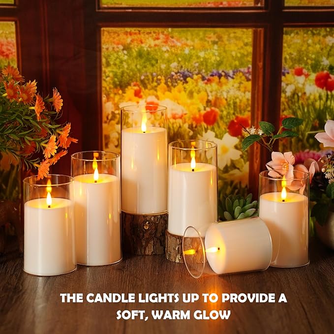 Flickering Flameless Candles Battery Operated with Remote and 2/4/6/8 H Timer Acrylic Led Pillar Candles Pack of 9 (D 3" xH 4" 5" 6") with Realistic 3D Wick Candles for Home Decor(White)