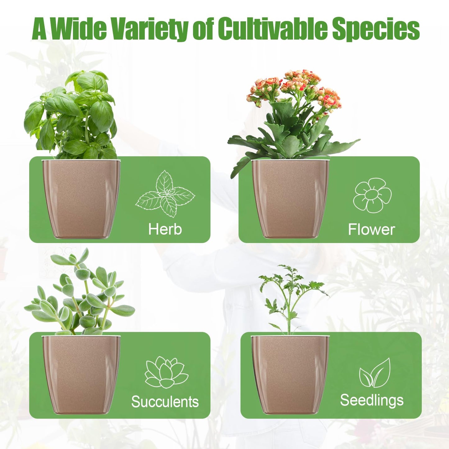 Oliz 4 Pack Self Watering Pots 4-inch Decorative Flower Planters for Indoor Plants Modern Square planters for Small Plants Window Sill Planters for Succulents, African Violets, Herbs(Sliver Gold)