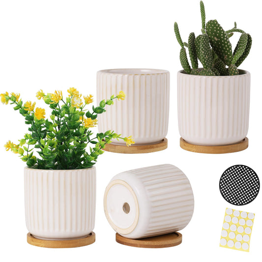 BABALIU 4 Inch Ceramic Plant Pots with Drainage Holes and Trays, Cylinder Vertical Stripes Small Flower Planter Pot with Bamboo Saucers for Indoor Plants, Succulent, Snake Plants, Cactus, Set of 4
