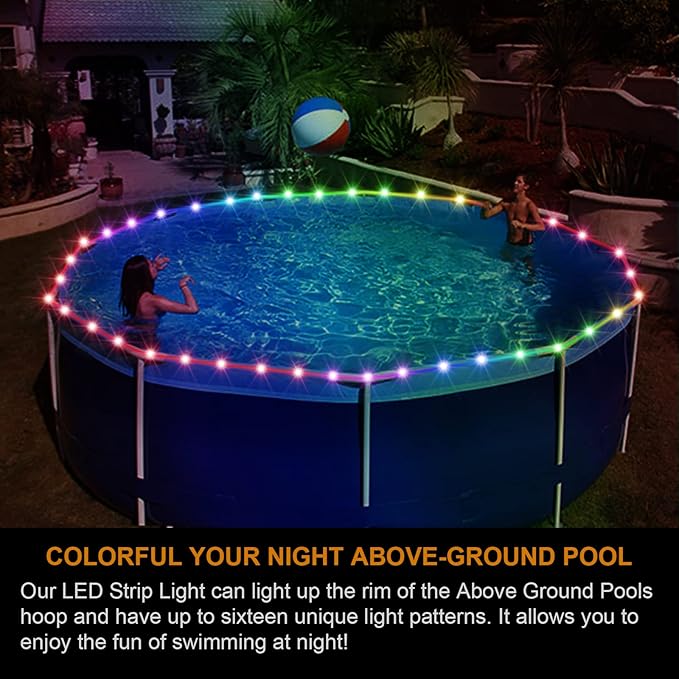 Remote Control LED Pool Lights for Above Ground Pools, 18Ft Submersible LED Rim Lights, C Battery Box, 16 Color Changing at Night, Waterproof