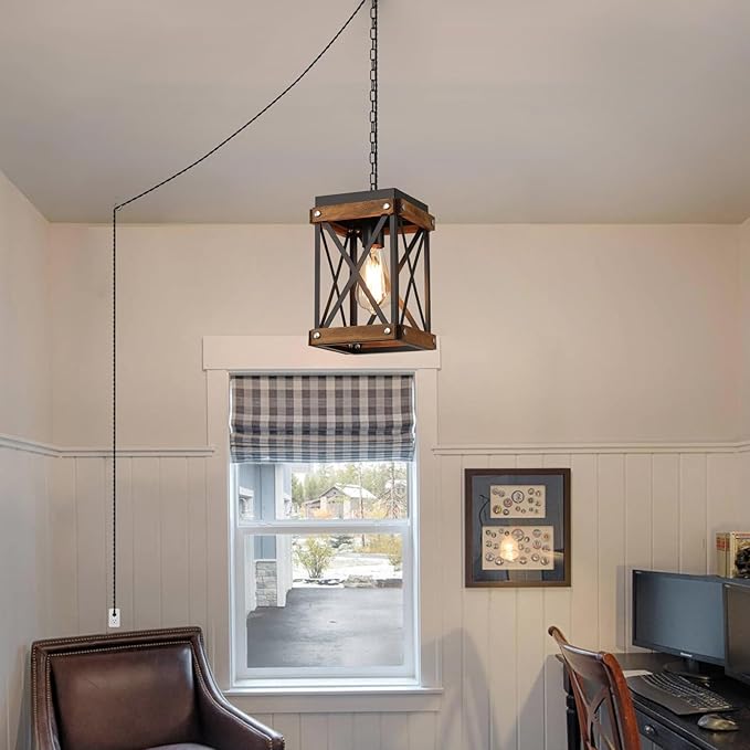 Rustic Farmhouse Plug in Pendant Light Fixture with Adjustable Chain, Oak Wood and Metal Lantern Cage Mini Hanging Lamp for Kitchen Island Living Room Hallway Farmhouse Bar, Black