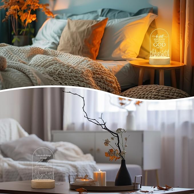 4 Pcs Christian Acrylic Night Light Bulk Mothers Day Religious Faith Church Gifts for Women Ladies Group Bible Verse Scripture LED Lamp with Wood Base for Easter Decor Men Clergy Pastor