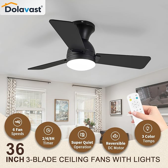 Ceiling Fans with Lights and Remote, 36 Inch Ceiling Fan with Light, Low Profile, Reversible, Dimmable LED, Flush Mount, Quiet, DC Motor, Black Ceiling Fan for Bedroom, Kitchen, Office