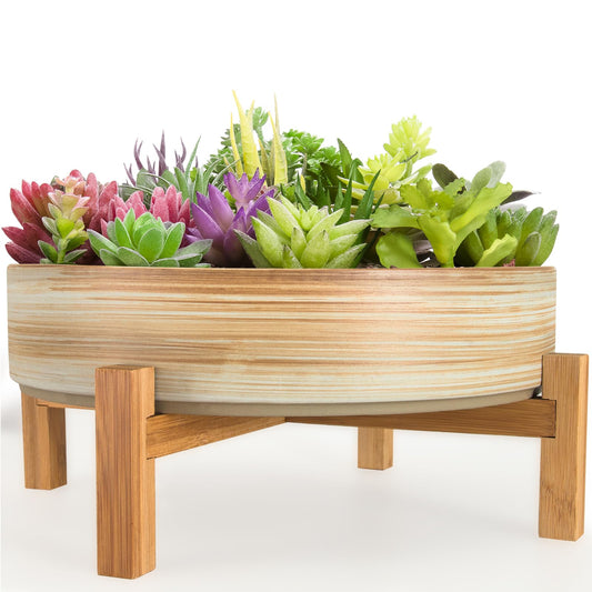 ARTKETTY Succulent Pots - 11 Inch Large Plant Pots Ceramic Bonsai Pots with Drainage Stand, Shallow Succulent Planters for Indoor Plants Decorative Flower Cactus Planter Bowl