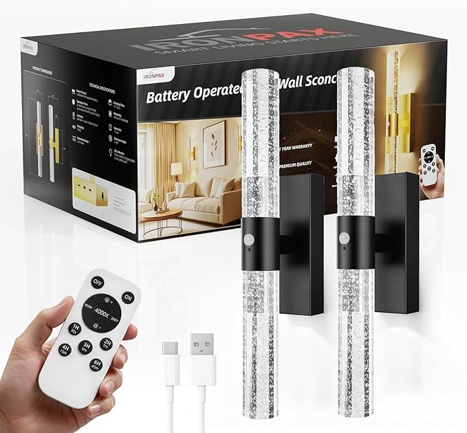 Motion Sensor Wall Sconces Battery Operated Set of 2, Rechargeable Wall Sconce, 3CCT Battery Wall Sconce, 12000mAh Dimmable with Remote for Bedroom, Living room, Hallway (15.3 inch - Black - 2 Pack)