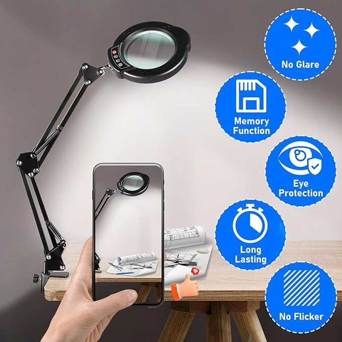 10X Magnifying Glass with Light and Stand, LED Desk Lamp with Clamp, 5 Color Mode, 10 Dimmable Levels, Hands Free for Reading Crafts Jewelry Sewing Close Work