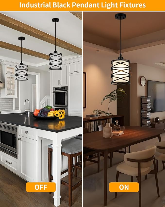 Black Pendant Lights for Kitchen Island, Industrial Pendant Light Fixture with Frosted Glass Shade, Farmhouse Adjustable Spiral Iron Pendant Lighting for Dining Room Foyer Hallway Kitchen