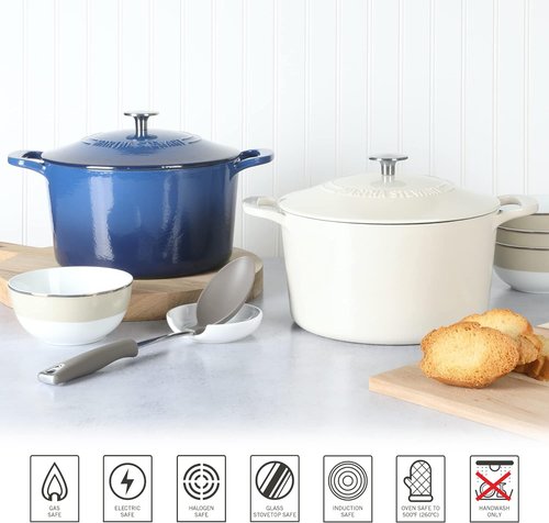 Martha Stewart Gatwick 7-Quart Enamel Cast Iron Dutch Oven - Durable Linen Color with Silver Knob for Slow Cooking