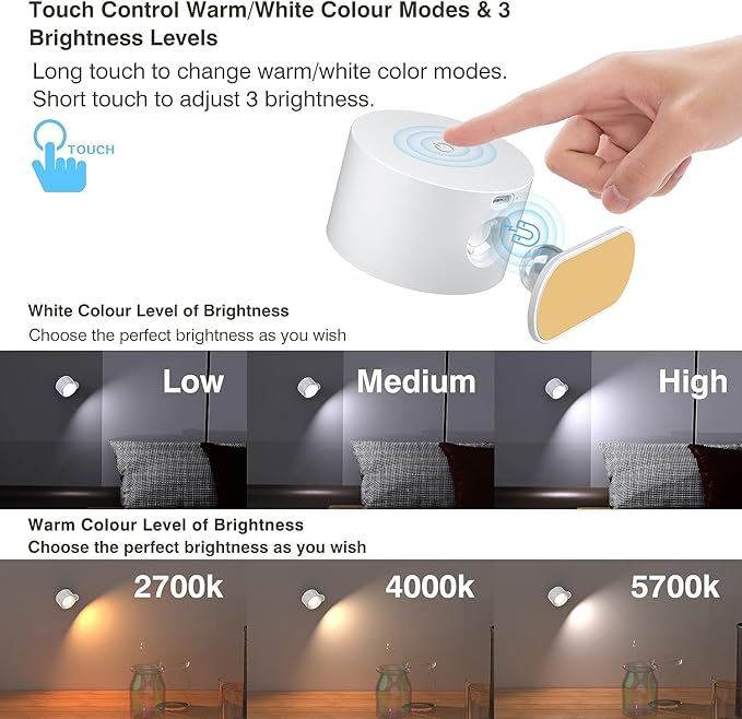 LED Wall Sconce, Wall Mounted Lamp with Rechargeable Battery Operated 3 Color Temperature & 3 Brightness Level 360°Rotate Magnetic Ball, Cordless Wall Light for Reading Bedside-White