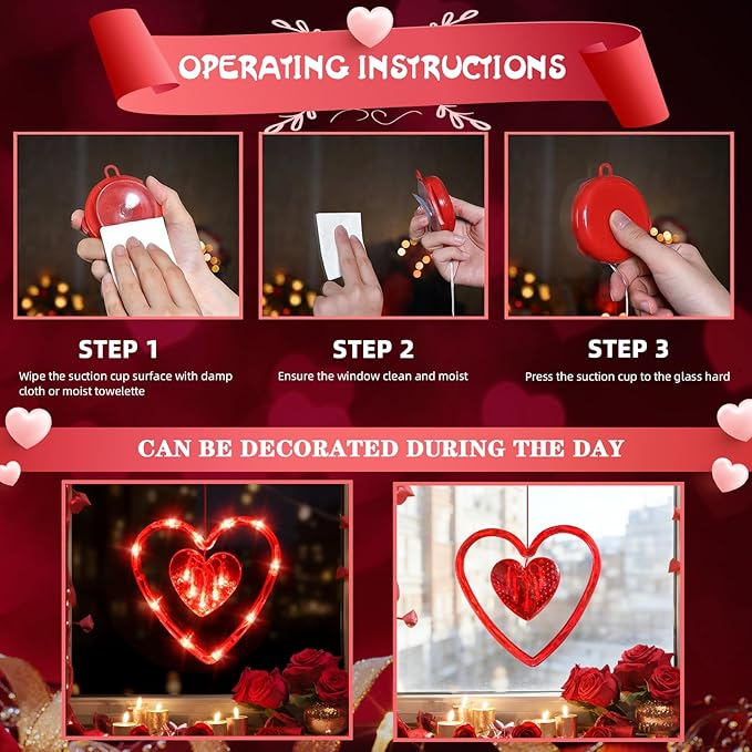 LOLStar 3 Pack Valentines Day Window Lights Decor with Timer, Battery Operated Red Heart-Shaped Window Decorations Silhouette Sucker LED Lamp Slow Fade Mode Hanging Lights for 2026 Holiday Indoor Home