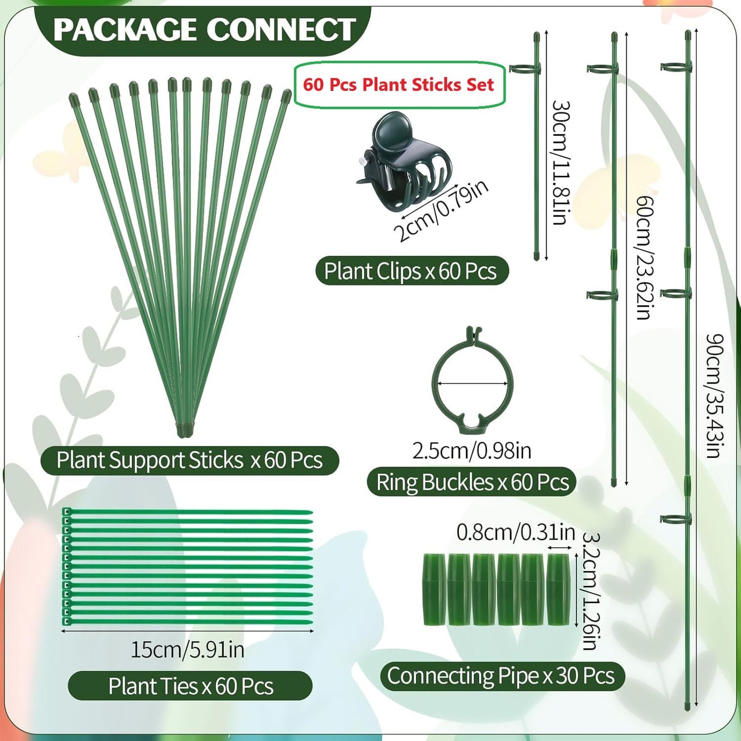 Hoemwarm 30 Pcs Adjustable Plant Sticks, 12 in Plant Support Sticks Plant Support Stakes with Orchid Clips Garden Ties Plant Support Cage for Potted Plants Indoor Orchid Flower Tomato, Green