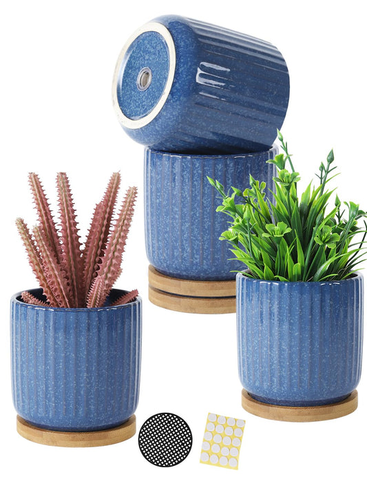 TAMAYKIM 4 Inch Cylinder Ceramic Plant Pots with Drainage Holes & Saucers, Glazed Small Boho Planters with Trays for Indoor Flower, Snake Plants, Succulent, Cactus, Blue, Set of 4