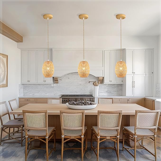 1-Light Rattan Pendant Light, Boho Chandelier Light Fixture, Small Wicker Light Fixture, Wicker Chandelier, for Bedroom Kitchen Island, ETL Listed