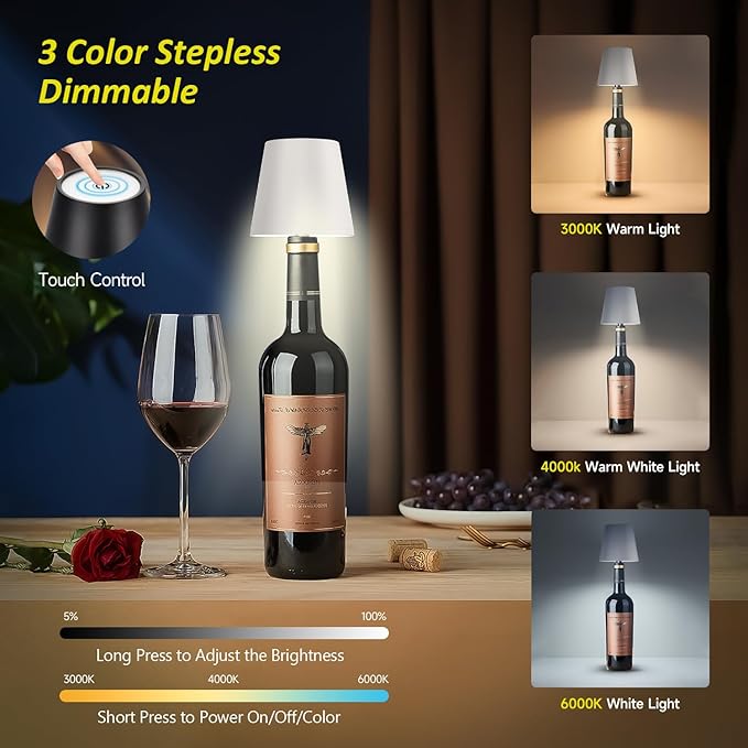 2025 New Wireless Bottle Lamp - LED Bottle Lights for Liquor & Wine Bottles, Cordless Lampshade, Whiskey Bottle Top Light, Bottle Stopper Night Light Kit, Rechargeable 3-Tone Touch-Dimmable 2 PCS