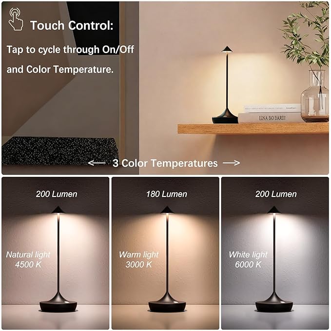 2-Pack Cordless Rechargeable LED Table Lamps, Metal, 3 Color Touch Stepless Dimmable, IP54 Waterproof Portable Battery Operated for Outdoor Dining Patio Restaurant Home Decor, (Mocha Mini)