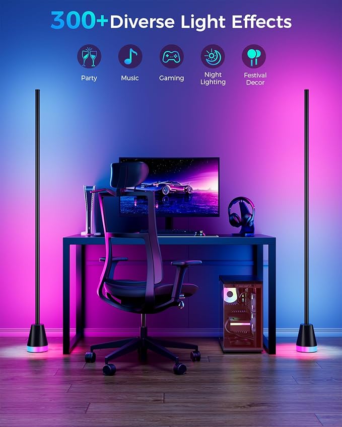 2 Pack Corner Floor Lamp, Smart RGB LED 60 Inch Standing Lamp with 344 LEDs, App & Remote Control, 16 Million Colors & Music Sync for Bedroom, Gaming Room, Home Decor, Modern Ambient Lighting