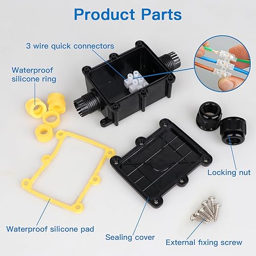 Helunsi 2 Pieces Waterproof IP68 External Junction Box, 2 Way Outdoor Junction Box, Underground Plug Line Coaxial Cable Connector Wire Range 5 to 15mm Electrical Power Cord Weatherproof Boxes - Black