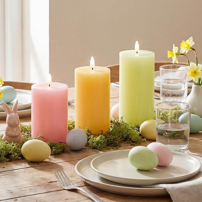 3 Pcs Easter Flameless Candles Battery Operated LED Flickering Pillar Candles with Remote Real Wax Pastel Spring Table Decor for Easter Party Wedding Table Centerpiece Home Decorations