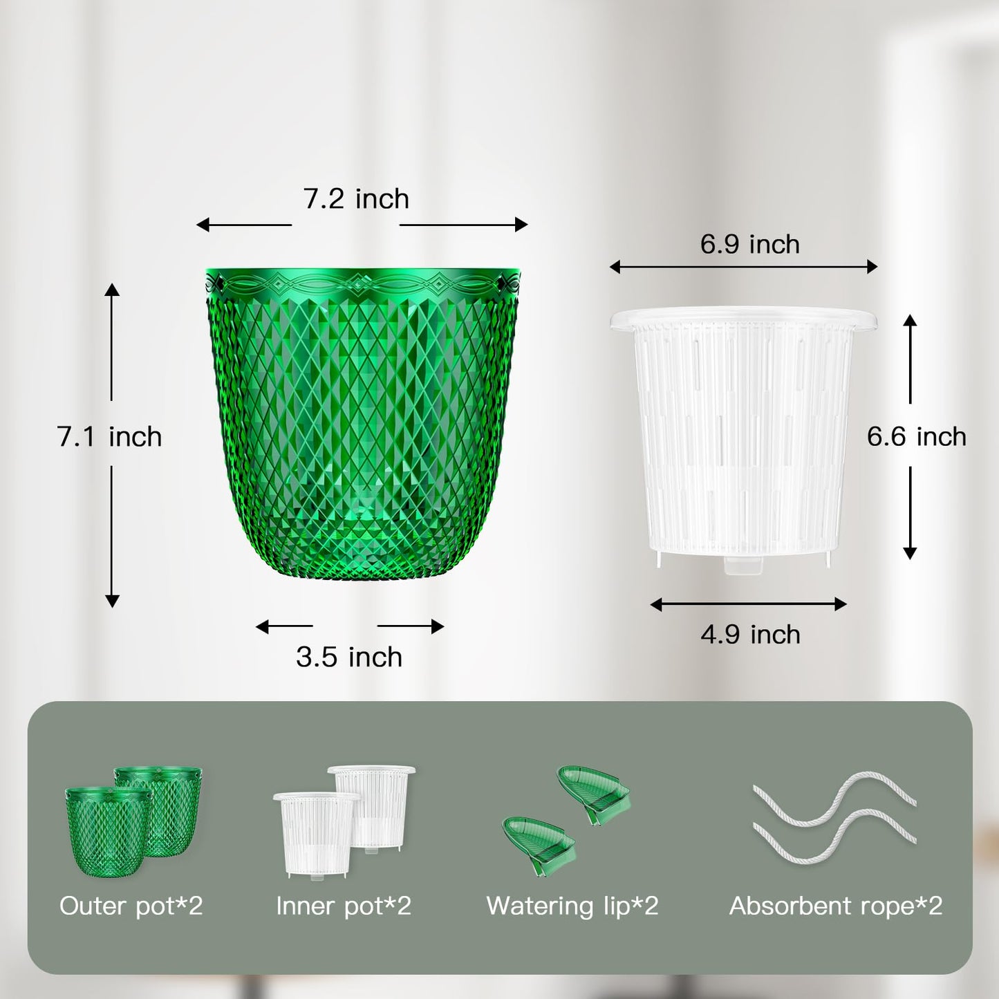 QCQHDU 2 Pack Self Watering Pots, 7.2 Inch Flower Pots with Drainage Holes and Water Filling Port, Plastic Garden Planter for Indoor Outdoor Plants (Emerald)