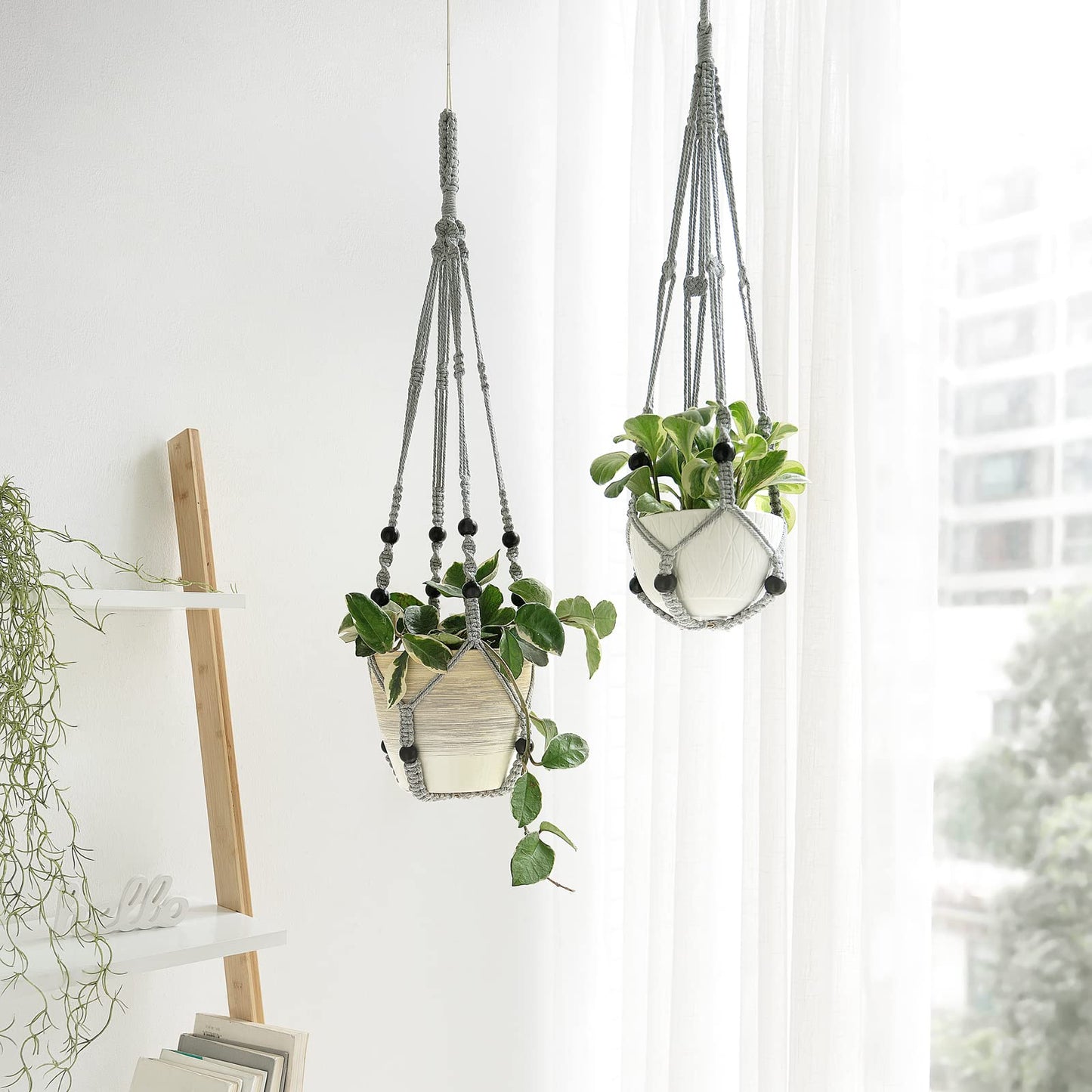Mkono Macrame Plant Hanger Indoor Hanging Planter Basket with Wood Beads Decorative Flower Pot Holder No Tassels for Indoor Outdoor Boho Home Decor 35 Inch, Grey, Set of 2 (POTS NOT Included)